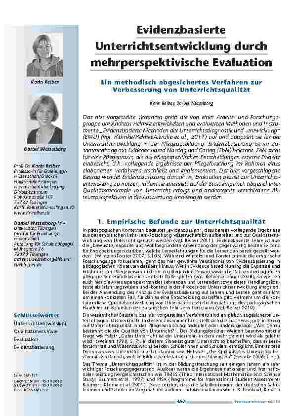 [doc_201304] Evidenzbasierte Unterrichtsentwicklung durch mehrperspektivische Evaluation – Ein methodisch abgesichertes Verfahren zur Verbesserung von Unterrichtsqualität