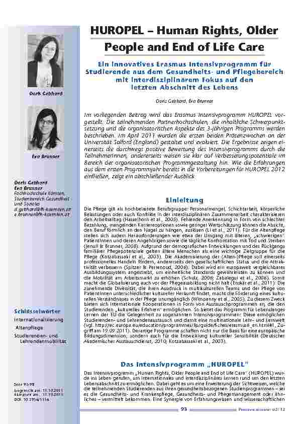 [doc_201205] HUROPEL – Human Rights, Older People and End of Life Care – Ein innovatives Erasmus Intensivprogramm für Studierende aus dem Gesundheitsund Pflegebereich mit interdisziplinärem Fokus auf den letzten Abschnitt des Lebens