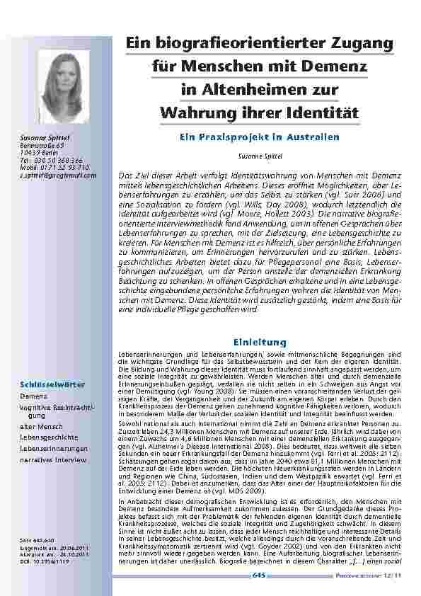 [doc_201185] Ein biographieorientierter Zugang für Menschen mit Demenz in Altenheimen zur Wahrung ihrer Identität - Ein Praxisprojekt in Australien