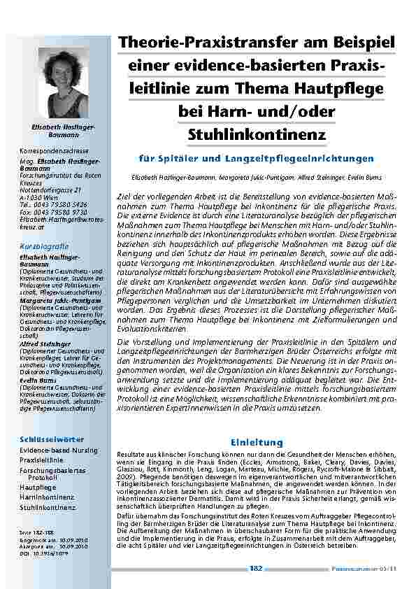 [doc_201139] Theorie-Praxistransfer am Beispiel einer evidence-basierten Praxisleitlinie zum Thema Hautpflege bei Harnund/oder Stuhlinkontinenz für Spitäler und Langzeitpflegeeinrichtungen