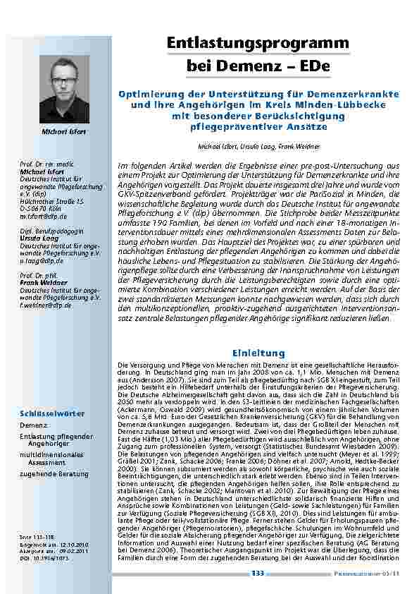 [doc_201133] Entlastungsprogramm bei Demenz – EDe. Optimierung der Unterstützung für Demenzerkrankte und ihre Angehörigen im Kreis Minden-Lübbecke mit besonderer Berücksichtigung pflegepräventiver Ansätze