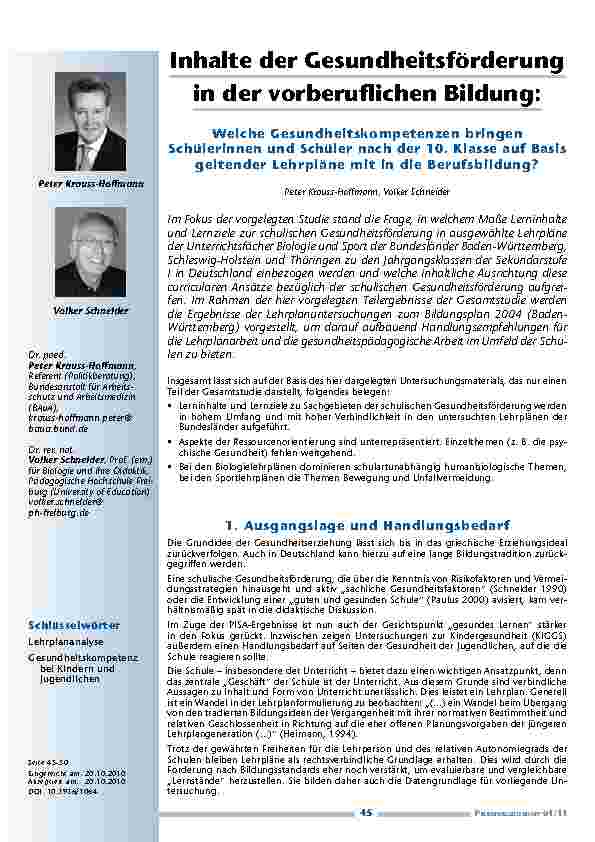 [doc_201123] Inhalte der Gesundheitsförderung in der vorberuflichen Bildung: Welche Gesundheitskompetenzen bringen Schülerinnen und Schüler nach der 10. Klasse auf Basis geltender Lehrpläne mit in die Berufsbildung?
