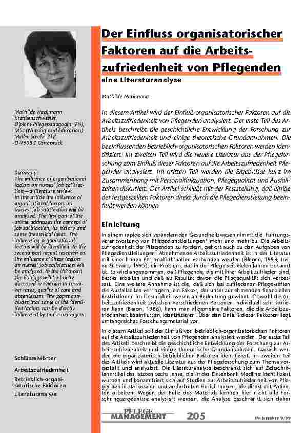[doc_201041] Der Einfluss organisatorischer Faktoren auf die Arbeits-zufriedenheit von Pflegenden
