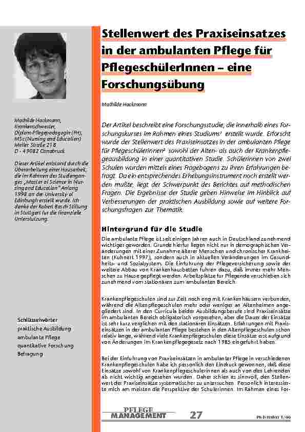 [doc_201012] Stellenwert des Praxiseinsatzes in der ambulanten Pflege für PflegeschülerInnen – eine Forschungsübung