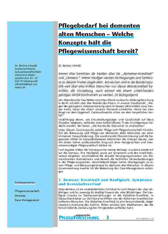 Pflegebedarf bei dementen alten Menschen – Welche Konzepte hält die Pflegewissenschaft bereit?