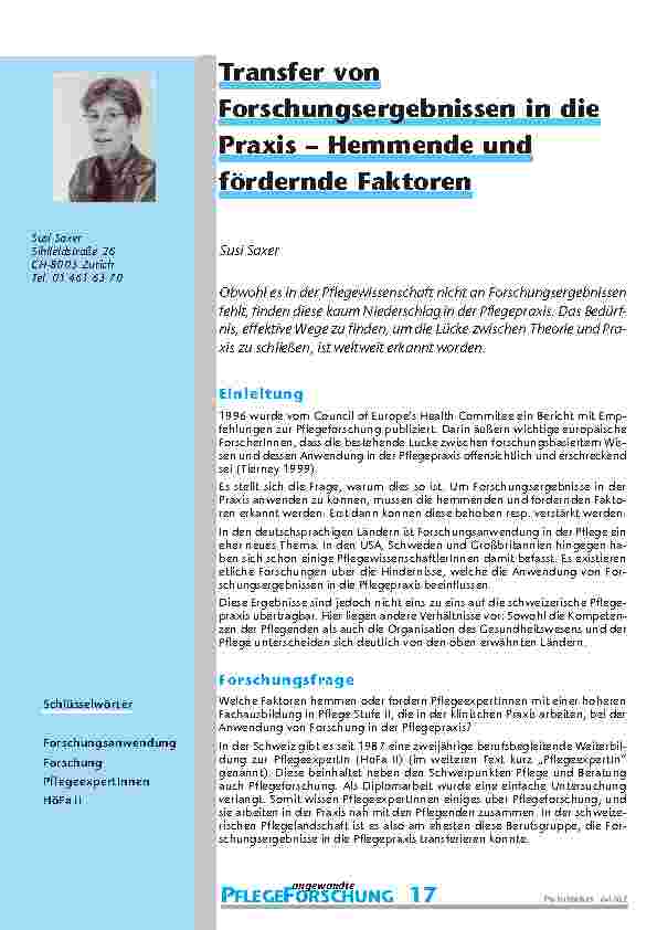 [doc_200836] Transfer von Forschungsergebnissen in die Praxis – Hemmende und fördernde Faktoren