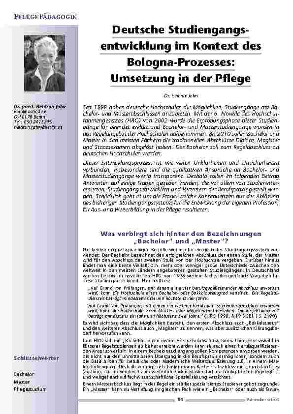 [doc_200598] Deutsche Studiengangsentwicklungim Kontext desBologna-Prozesses: Umsetzung in der Pflege
