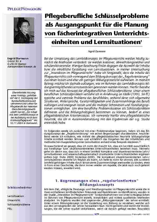 [doc_200562] Pflegeberufliche Schlüsselproblemeals Ausgangspunkt für die Planungvon fächerintegrativen Unterrichts-einheiten und Lernsituationen