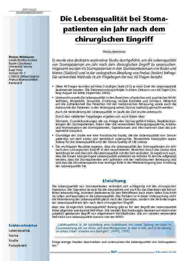 [doc_200487] Die Lebensqualität bei Stoma-patienten ein Jahr nach dem chirurgischen Eingriff