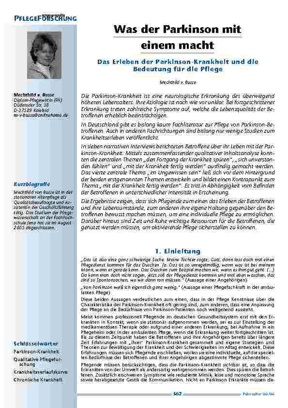 [doc_200465] Was der Parkinson mit einem machtDas Erleben der Parkinson-Krankheit und dieBedeutung für die Pflege