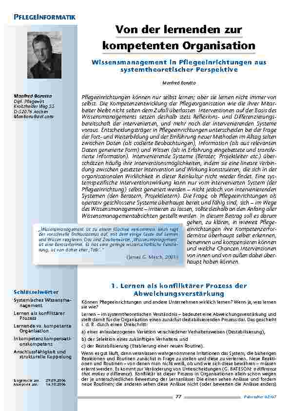 [doc_200418] Von der lernenden zurkompetenten Organisation. Wissensmanagement in Pflegeeinrichtungen aussystemtheoretischer Perspektive