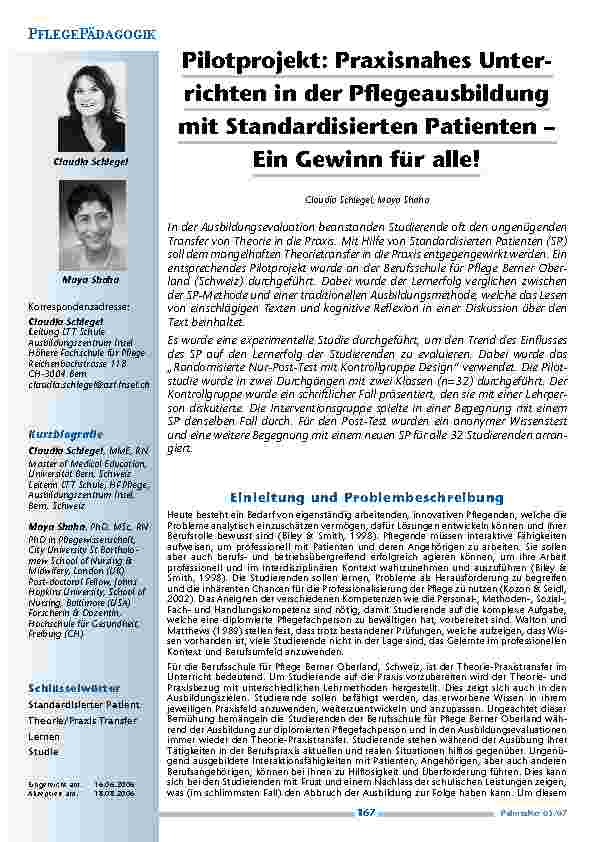 [doc_200407] Pilotprojekt: Praxisnahes Unterrichten in der Pflegeausbildungmit Standardisierten Patienten –Ein Gewinn für alle!