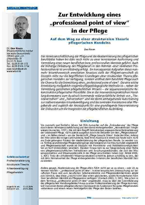 [doc_200402] Zur Entwicklung eines„professional point of view“in der Pflege. Auf dem Weg zu einerstrukturalen Theoriepflegerischen Handelns