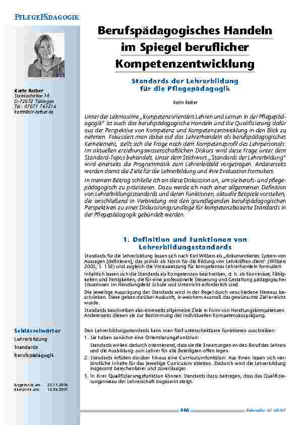 [doc_200377] Berufspädagogisches Handelnim Spiegel beruflicherKompetenzentwicklung. Standards der Lehrerbildungfür die Pflegepädagogik