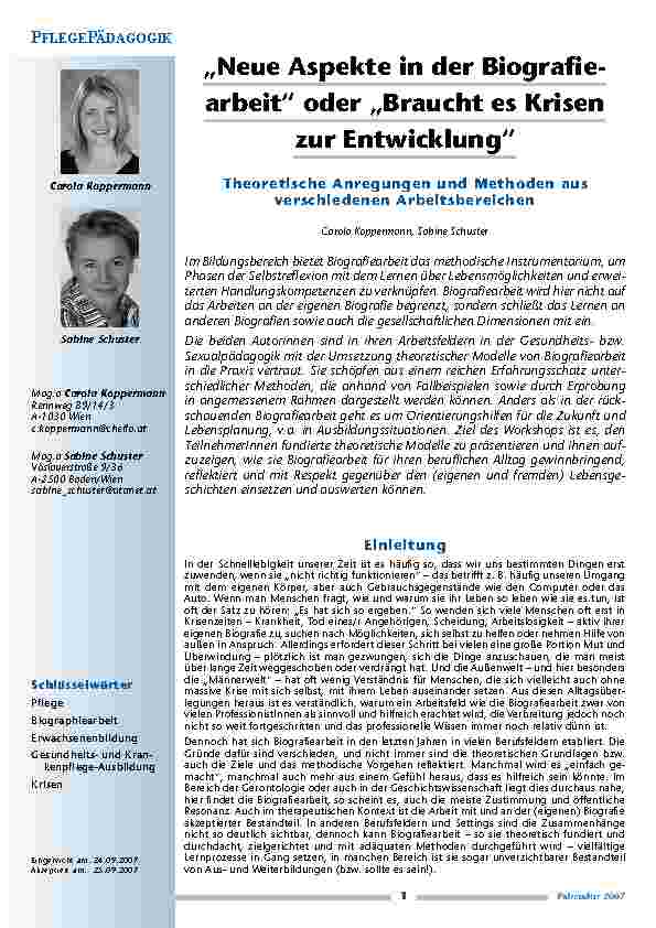 [doc_200306] „Neue Aspekte in der Biographiearbeit“ oder „Braucht es Krisen zur Entwicklung“Theoretische Anregungen und Methoden ausverschiedenen Arbeitsbereichen