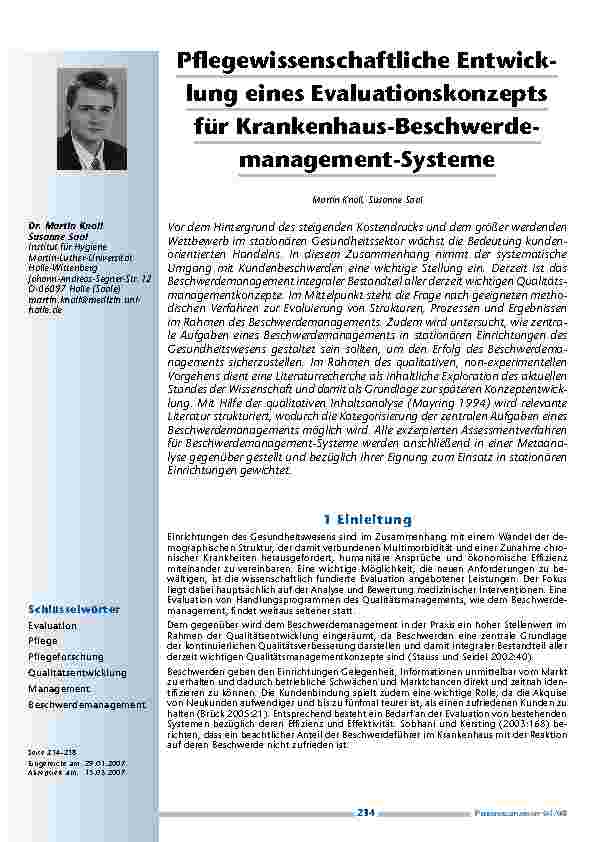 [doc_200296] Pflegewissenschaftliche Entwicklung eines Evaluationskonzepts für Krankenhaus-Beschwerdemanagement-Systeme