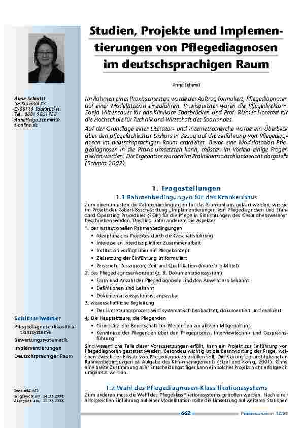 [doc_200189] Studien, Projekte und Implementierungen von Pflegediagnosen im deutschsprachigen Raum