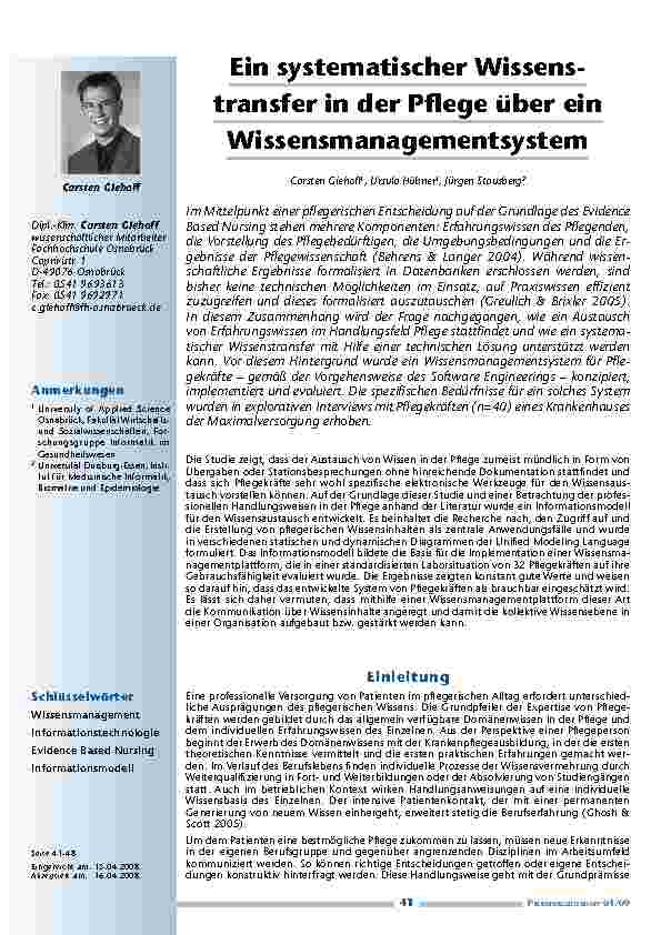 Ein systematischer Wissenstransfer in der Pflege über ein Wissensmanagementsystem