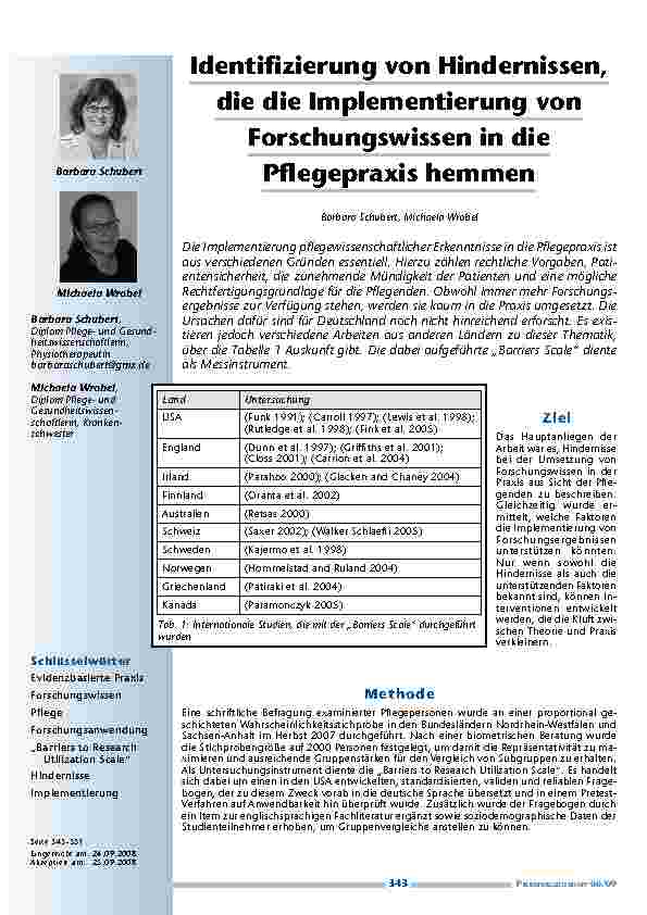 [doc_200145] Identifizierung von Hindernissen, die die Implementierung von Forschungswissen in die Pflegepraxis hemmen