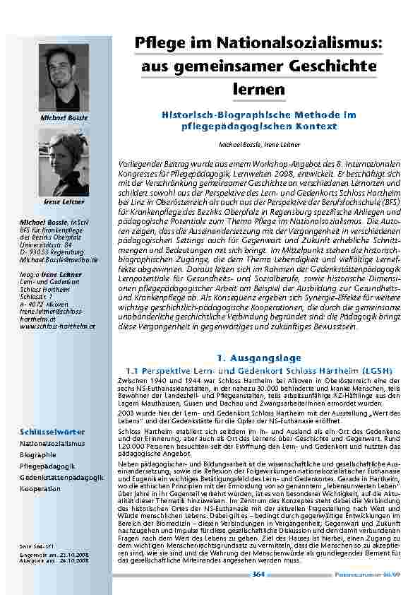 [doc_200143] Pflege im Nationalsozialismus: aus gemeinsamer Geschichte lernen. Historisch-Biographische Methode im pflegepädagogischen Kontext
