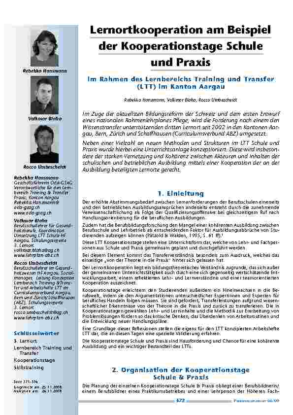 [doc_200141] Lernortkooperation am Beispiel der Kooperationstage Schule und Praxis im Rahmen des Lernbereichs Training und Transfer (LTT) im Kanton Aargau