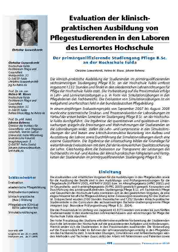 [doc_200127] Evaluation der klinisch-praktischen Ausbildung von Pflegestudierenden in den Laboren des Lernortes Hochschule – Der primärqualifizierende Studiengang Pflege B. Sc. an der Hochschule Fulda