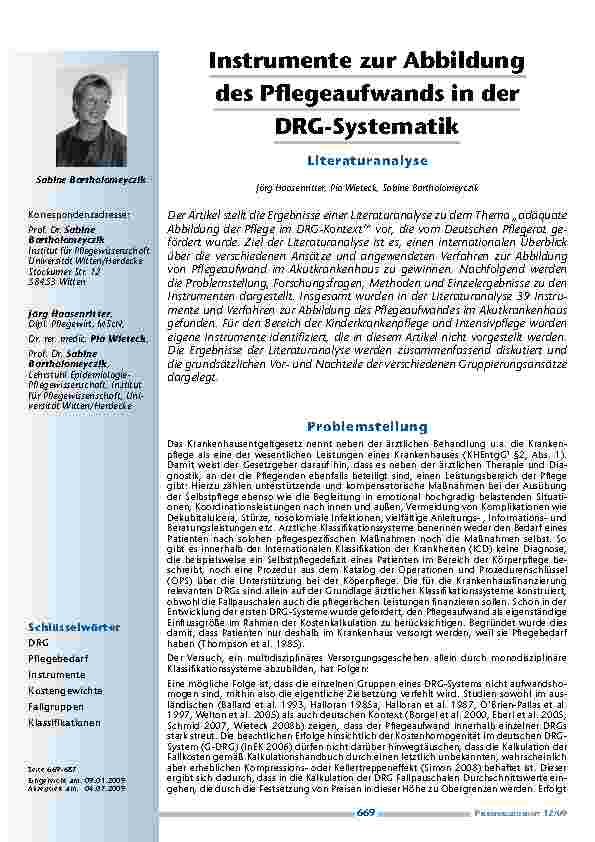 [doc_200110] Instrumente zur Abbildung des Pflegeaufwands in der DRG-Systematik – Literaturanalyse