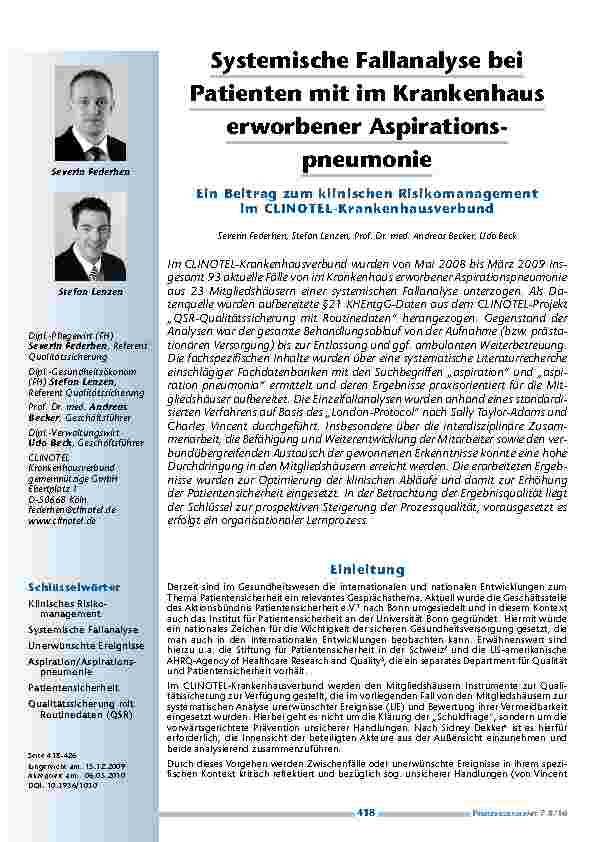 [doc_200049] Systemische Fallanalyse bei Patienten mit im Krankenhaus erworbener Aspirationspneumonie. Ein Beitrag zum klinischen Risikomanagement im CLINOTEL-Krankenhausverbund