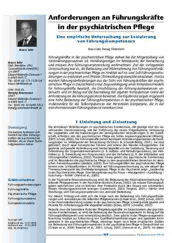 [doc_200042] Anforderungen an Führungskräfte in der psychiatrischen Pflege. Eine empirische Untersuchung zur Evaluierung von Führungskompetenzen