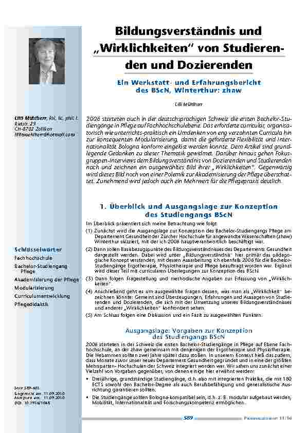 [doc_200026] Bildungsverständnis und „Wirklichkeiten“ von Studierenden und Dozierenden – Ein Werkstattund Erfahrungsbericht des BScN, Winterthur: zhaw