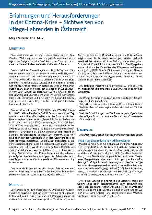 [doc_196818] Erfahrungen und Herausforderungen in der Corona-Krise – Sichtweisen von Pflege-Lehrenden in Österreich