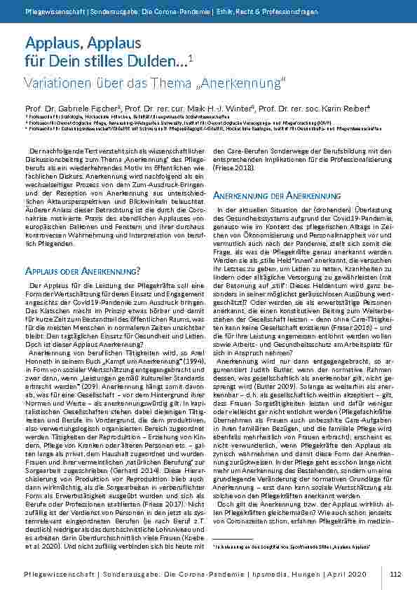 [doc_196807] Applaus, Applaus für Dein stilles Dulden… Variationen über das Thema „Anerkennung“