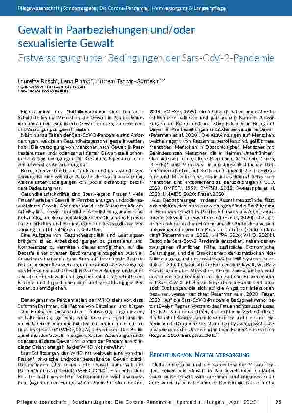 [doc_196802] Gewalt in Paarbeziehungen und/oder sexualisierte Gewalt - Erstversorgung unter Bedingungen der Sars-CoV-2-Pandemie