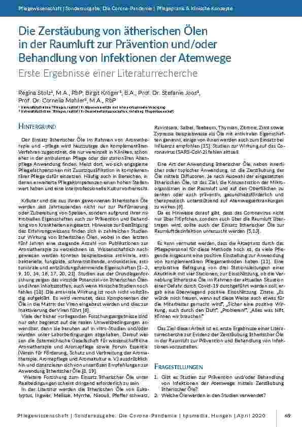 [doc_196787] Die Zerstäubung von ätherischen Ölen in der Raumluft zur Prävention und/oder Behandlung von Infektionen der Atemwege. Erste Ergebnisse einer Literaturrecherche.