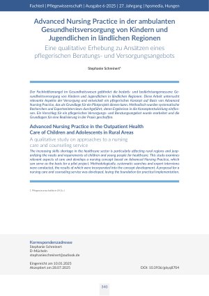 [doc_569873] Advanced Nursing Practice in der ambulanten Gesundheitsversorgung von Kindern und Jugendlichen in ländlichen Regionen Eine qualitative Erhebung zu Ansätzen eines pflegerischen Beratungsund Versorgungsangebots