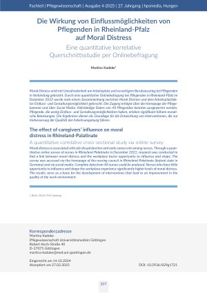 [doc_562692] Die Wirkung von Einflussmöglichkeiten von Pflegenden in Rheinland-Pfalz auf Moral Distress Eine quantitative korrelative Querschnittsstudie per Onlinebefragung