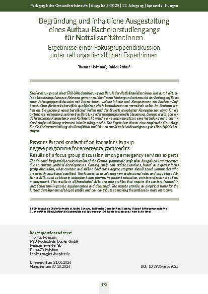 [doc_560624] Begründung und inhaltliche Ausgestaltung eines Aufbau-Bachelorstudiengangs für Notfallsanitäter: innen Ergebnisse einer Fokusgruppendiskussion unter rettungsdienstlichen Expert: innen
