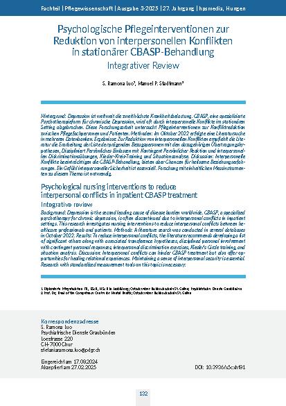 [doc_542970] Psychologische Pflegeinterventionen zur Reduktion von interpersonellen Konflikten in stationärer CBASP-Behandlung Integrativer Review