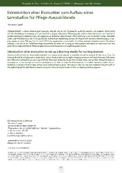 [doc_316733] Einführung einer Evaluation zum Aufbau eines Lernstudios für Pflegeauszubildende