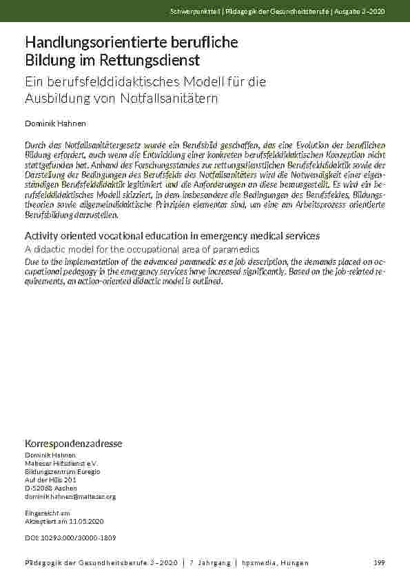 Handlungsorientierte berufliche Bildung im Rettungsdienst: Ein berufsfelddidaktisches Modell für die Ausbildung von Notfallsanitätern.