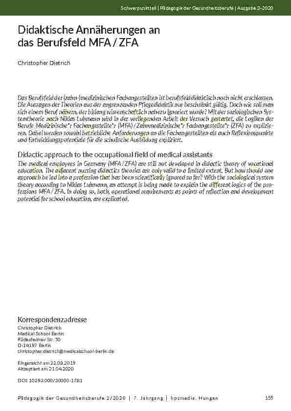 Didaktische Annäherungen an das Berufsfeld MFA / ZFA