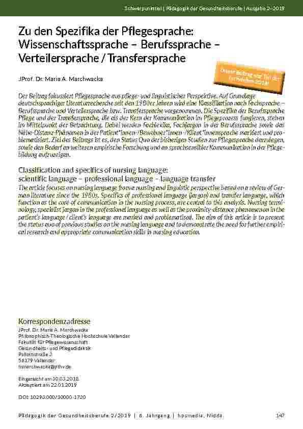 Zu den Spezifika der Pflegesprache: Wissenschaftssprache – Berufssprache – Verteilersprache? /? Transfersprache