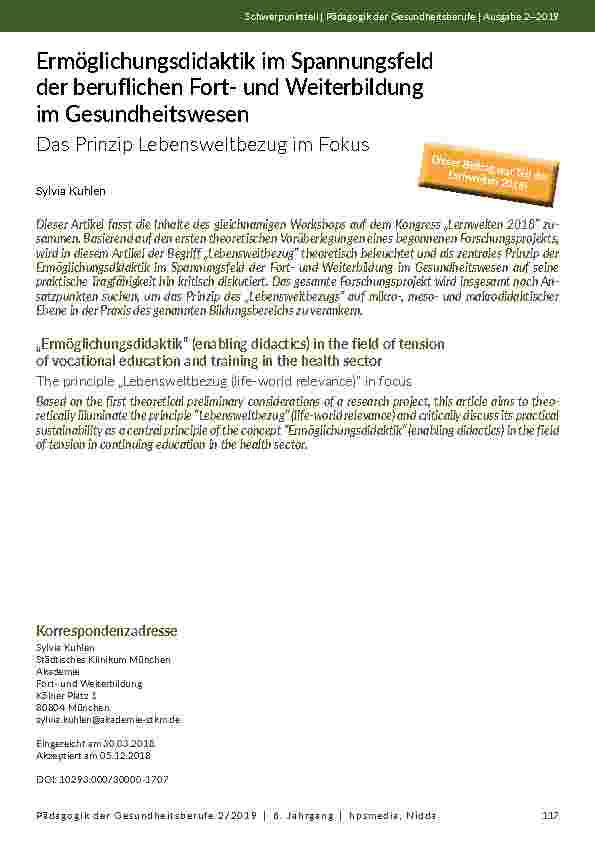 [doc_202110] Ermöglichungsdidaktik im Spannungsfeld der beruflichen Fortund Weiterbildung im Gesundheitswesen. Das Prinzip Lebensweltbezug im Fokus