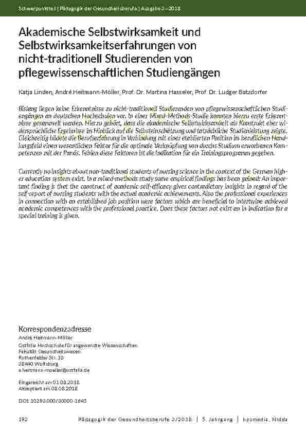 [doc_202078] Akademische Selbstwirksamkeit und Selbstwirksamkeitserfahrungen von nicht-traditionell Studierenden von pflegewissenschaftlichen Studiengängen