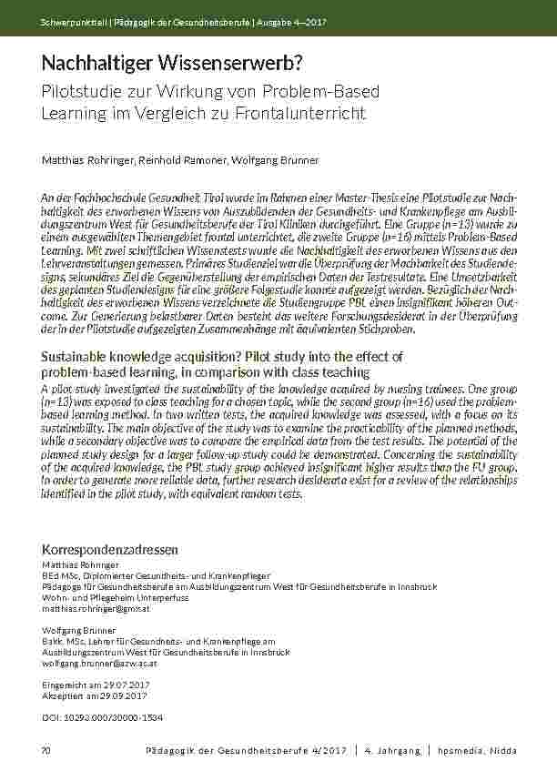 [doc_202047] Nachhaltiger Wissenserwerb? Pilotstudie zur Wirkung von Problem-Based Learning im Vergleich zu Frontalunterricht