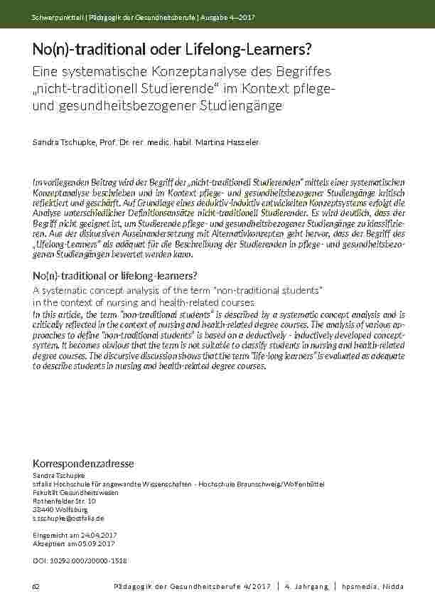 [doc_202046] No(n)-traditional oder Lifelong-Learners? Eine systematische Konzeptanalyse des Begriffes „nicht-traditionell Studierende“ im Kontext pflegeund gesundheitsbezogener Studiengänge