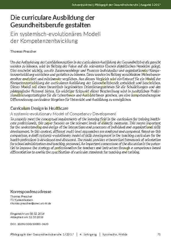Die curriculare Ausbildung der Gesundheitsberufe gestalten. Ein systemisch-evolutionäres Modell der Kompetenzentwicklung