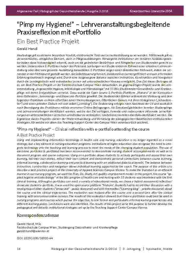“Pimp my Hygiene! ” – Lehrveranstaltungsbegleitende Praxisreflexion mit ePortfolio. Ein Best Practice Projekt