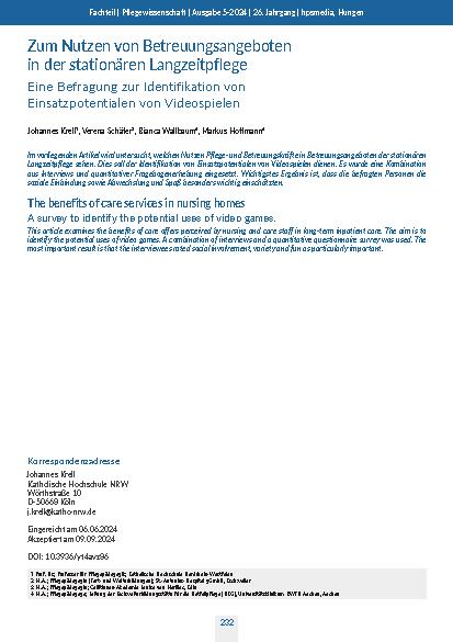 [doc_321575] Zum Nutzen von Betreuungsangeboten in der stationären Langzeitpflege: Eine Befragung zur Identifikation von Einsatzpotentialen von Videospielen