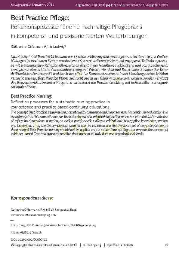 [doc_201952] Best Practice Pflege: Reflexionsprozesse für eine nachhaltige Pflegepraxis in kompetenzund praxisorientierten Weiterbildungen